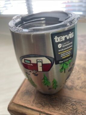 tervis Silver Stainless Tumbler with colorful Campers & Green Trees